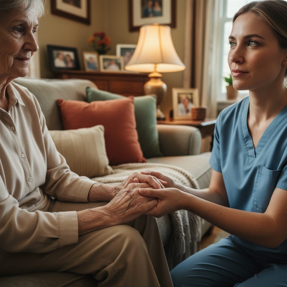 A Total Home Help carer holding the hand of an older lady in her living room