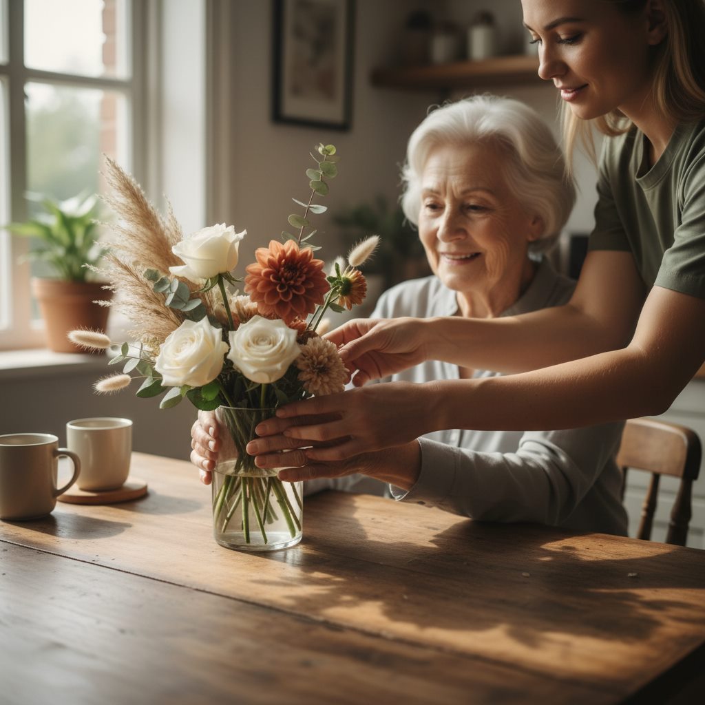 A Total Home Help carer and an older lady arranging flowers together at a sunlit kitchen table