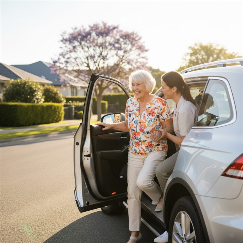 A carer helping an older lady into a car