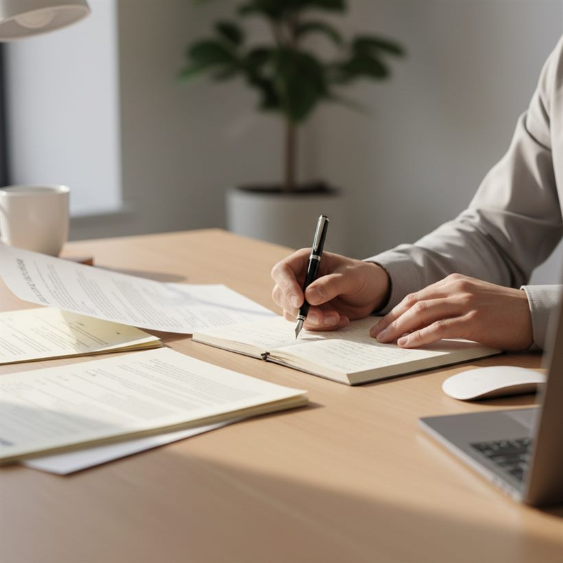 Sorting letters and paperwork at a desk
