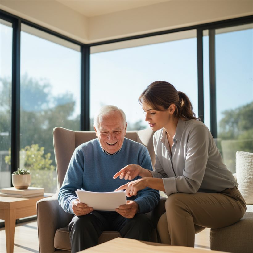 A carer and an older gentleman going through documents together in a bright room